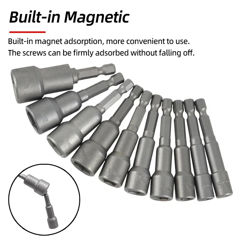 Hex Magnetic Socket Sleeve Nozzles Nut Driver Set 6-19MM Power Drill Bit Adapter Impact Drivers Electric Wrenches Repairing Tool