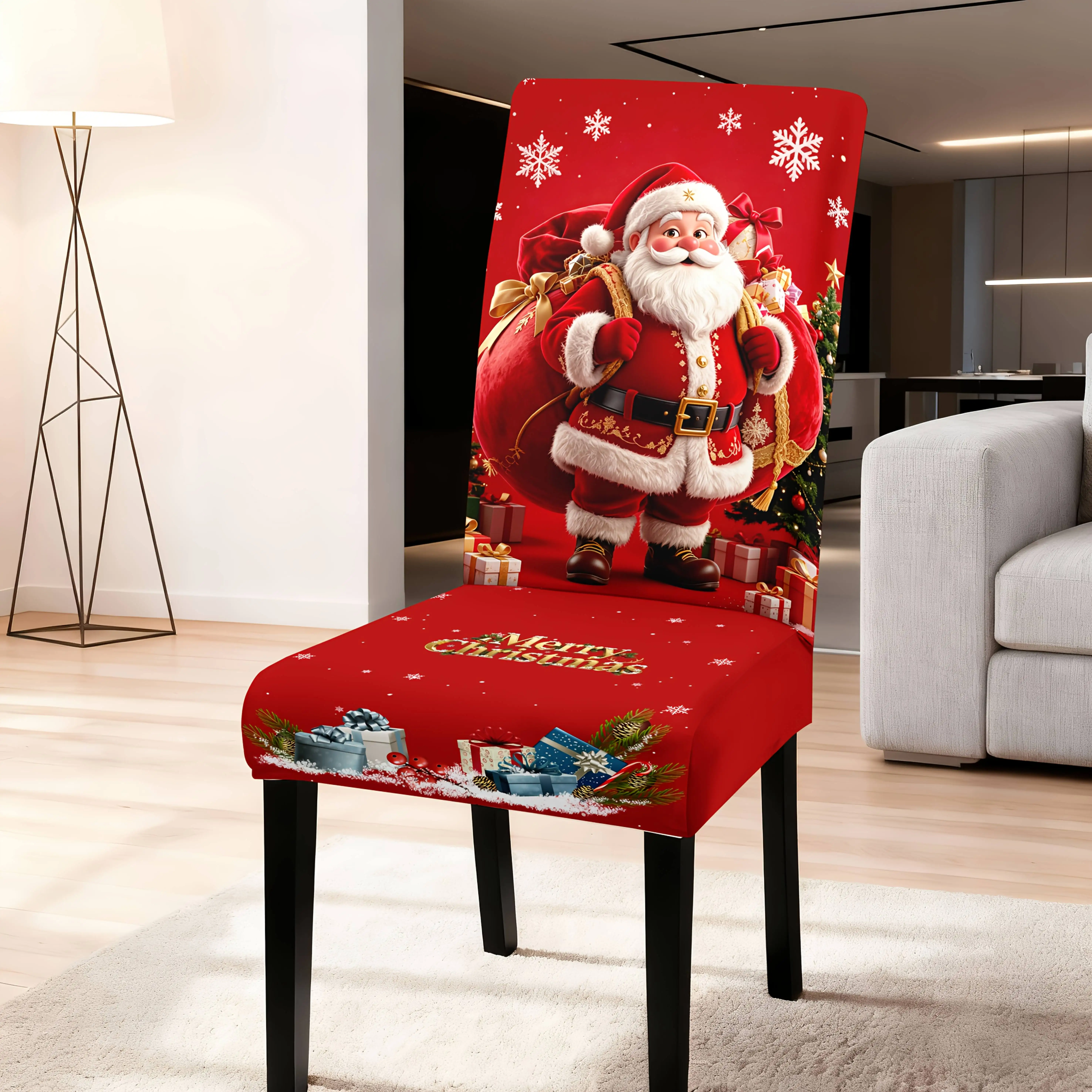 Red Snowflake Christmas Chair Slipcover Santa Carrying Gift Sack Print Elastic Dining Chair Cover for Xmas Holiday Decoration