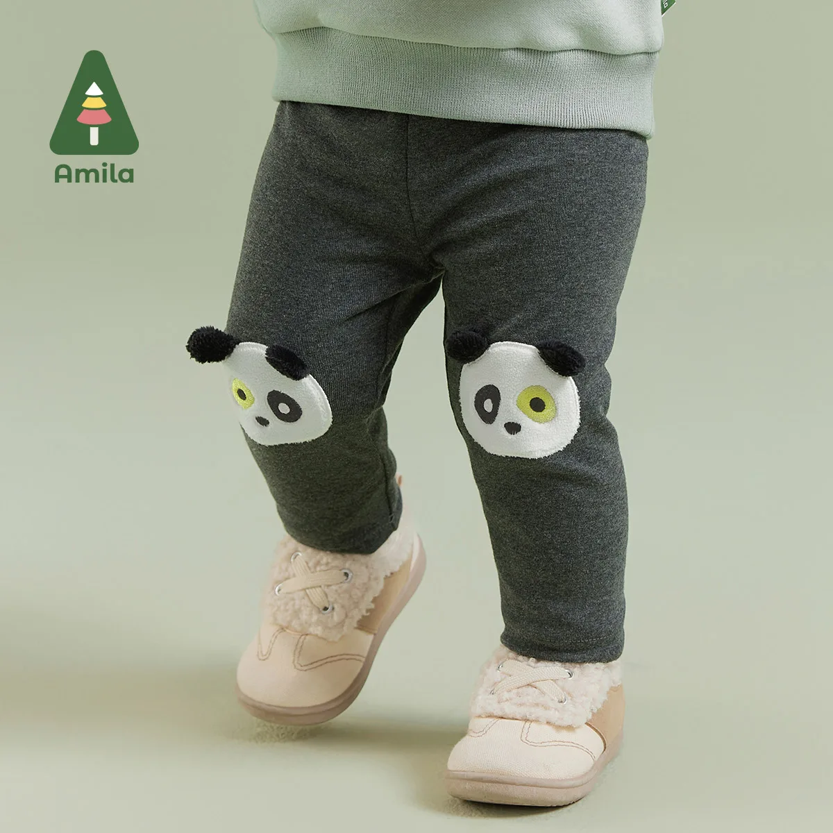 Amila Baby Girl Leggings 2024 Winter New Multicolour Fleecing Panda Pattern Elastic All-over Print   Baby Clothing