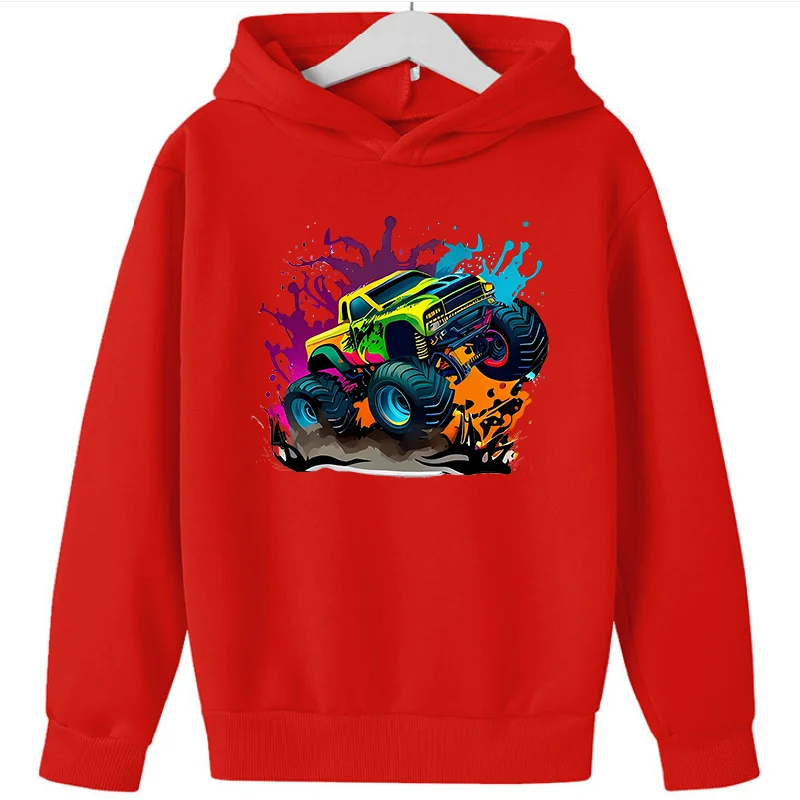 Kids Hoodie, Colorful Monster Truck Splash Paint Print Long Sleeve Pullover Casual Boys Girls Hooded Sweatshirt Daily Tops