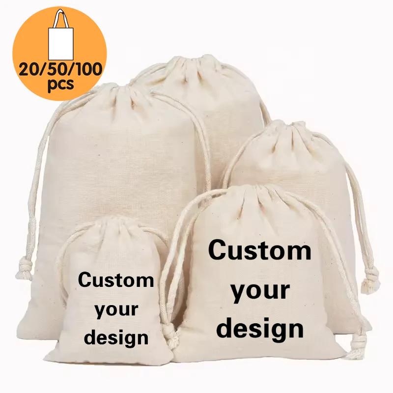 20/50/100pcs Recycled Cotton Drawstring Gift Bag Custom Embroidery Reusable Canvas Rope Travel Pack Cloth Package Bag Use