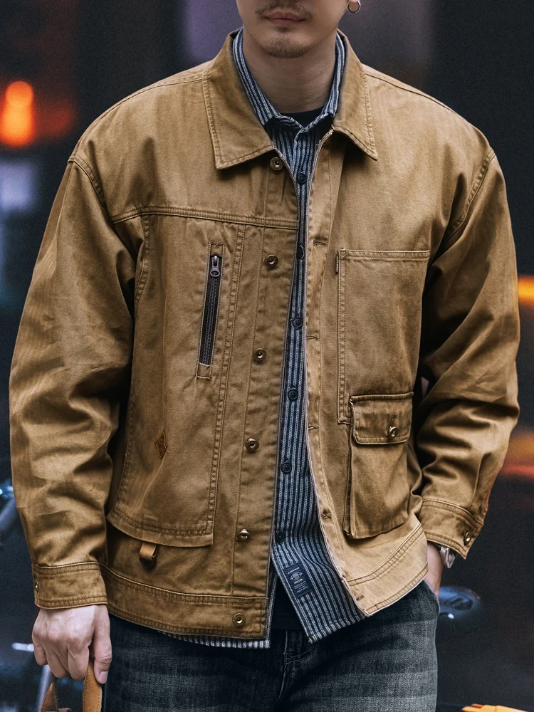 

American Retro Workwear Fibone Pattern Jaet Men's Spring Autumn Casual Trendy Brand Hardman Hunt Jeans Coat Loose Fit