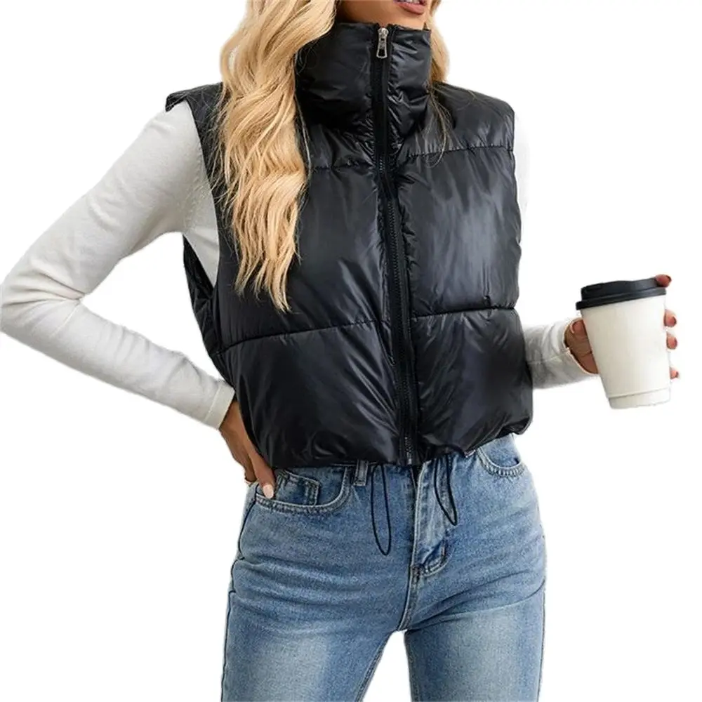 Women Fashion Adjustable Hem Zip-up Crop Padded Waistcoat Vintage High Neck Sleeveless Female Outerwear Chic Vest Tops