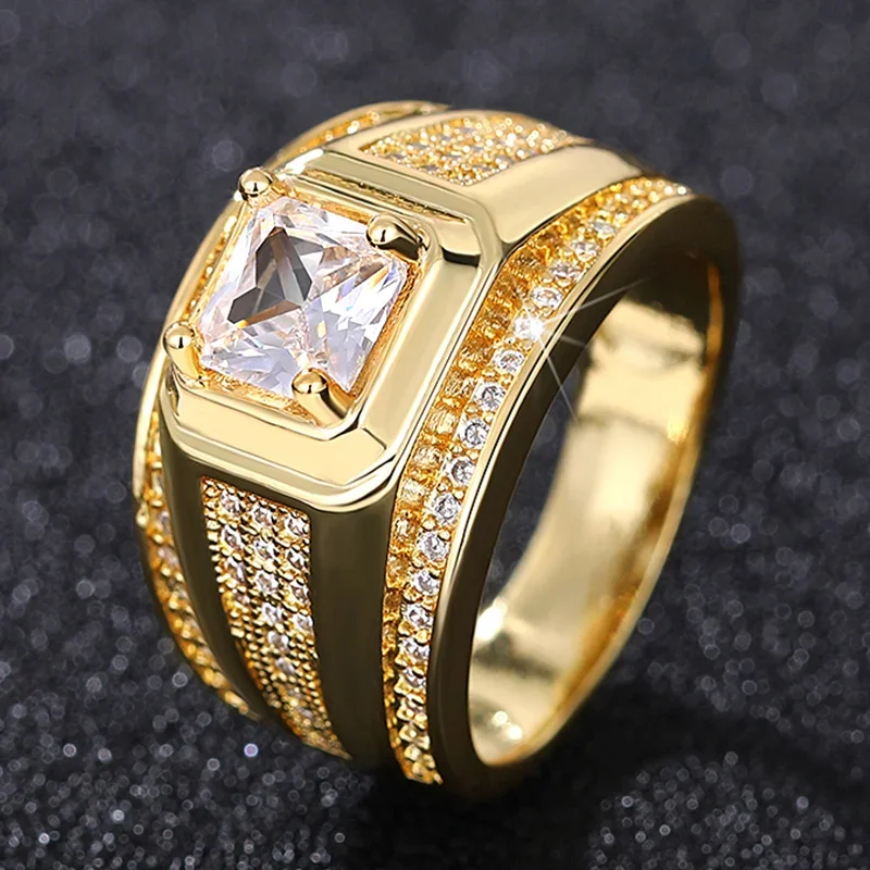CAOSHI Fashion Gold Color Finger Ring dla mężczyzn Luksusowa biżuteria z jasnej cyrkonii na ceremonię zaręczynową Wspaniałe akcesoria Prezent