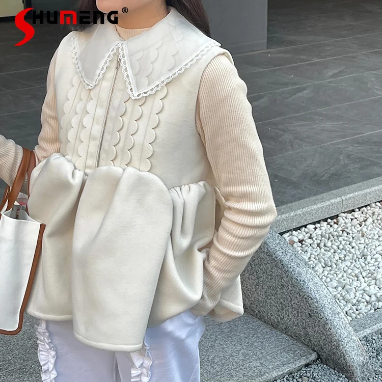 

Women's Japanese Style Cute Wave Edge Bud Hem Zipper Sleeveless Outer Vest Women Detachable Collar Girly Lolita Coat Top 2024