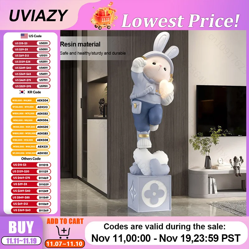 Luxury Modern Astronaut Rabbit Floor Sculpture Home Decor for Living Room Durable Astronaut Rabbit TV Cabinet Decor Floor Statue