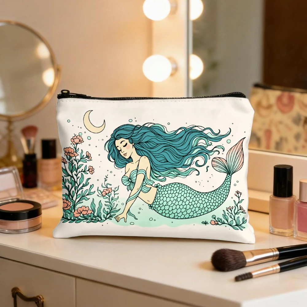 Mermaid with Moon and Flowers Makeup Bags for Women's Cosmetic Pouch Toiletry Bag Pencil Case Travel Storage