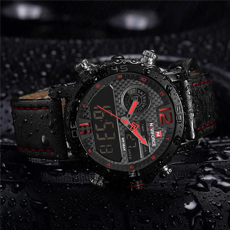 NAVIFORCE Top Brand Luxury Men Watch Quartz Digital Male Clock Military Sport Genuine Leather Waterproof Man Wristwatch 9134