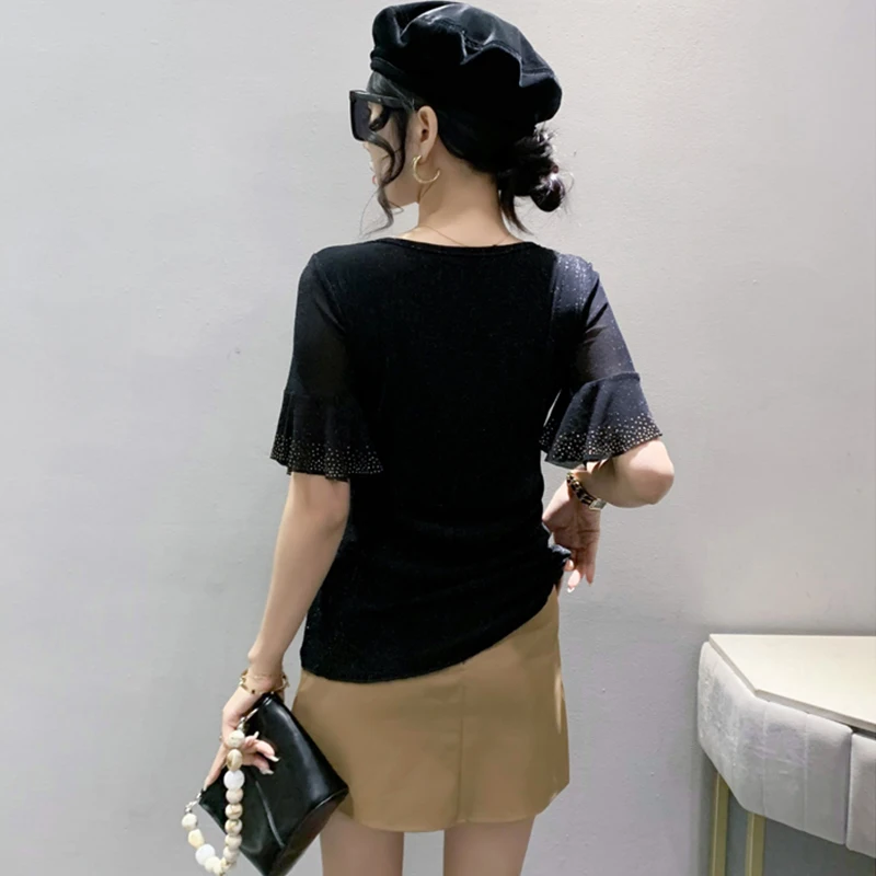 Black Summer Korean Clothes Loose T-Shirt Chic Sexy V-Neck Shiny Diamonds Women Tops Ruffle Sleeve Hand Made Tees 2024 New 43142