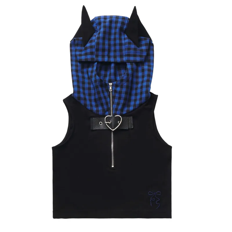 Cat Ear Blue Lattice Sweater Hoodie Top Set Summer Love Button Y2K Splicing Japan Strap Anime JK Cos A-line Skirt Top Suit New