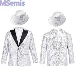 Kids Boys Shiny Sequins Dance Coat Lapel Single-breasted Tuxedo Suit Jacket with Fedora Hat for Performance Banquet