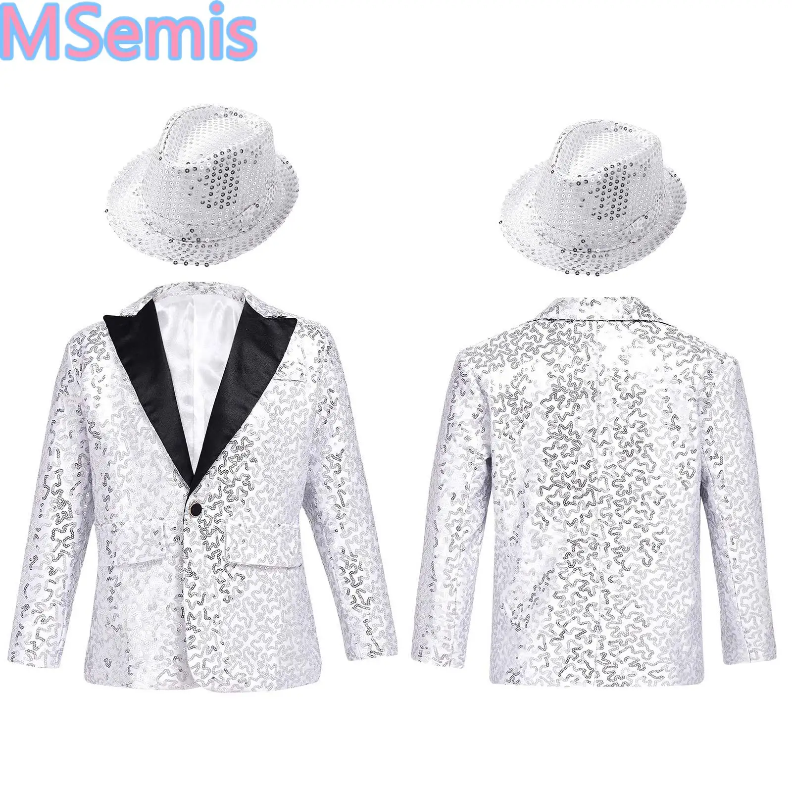 Kids Boys Shiny Sequins Dance Coat Lapel Single-breasted Tuxedo Suit Jacket with Fedora Hat for Performance Banquet