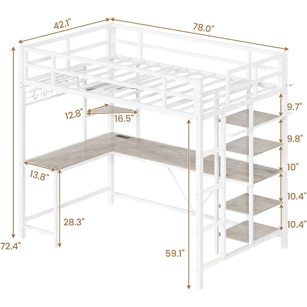 سرير علوي معدني مزدوج الحجم مع مكتب، وأرفف تخزين، وسكة ملابس، ومحطة شحن، وأضواء LED