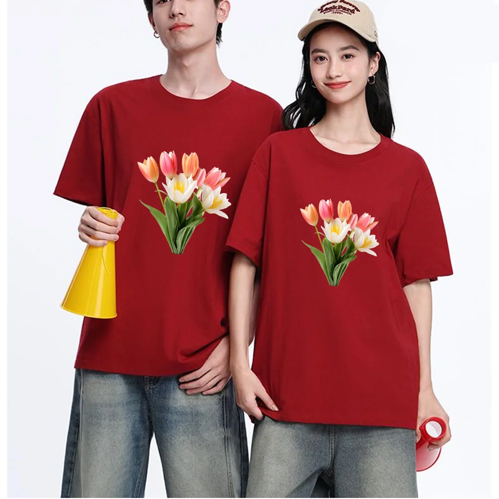 Tulip Flower Bouquet Printed T Shirt Breathable Fabric S-XXL Personalized Custom Casual Short Sleeve Tee Aesthetic Graphic Top U
