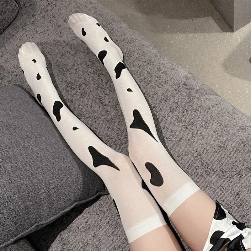 Medias blancas con estampado de vaca para mujer, calcetines hasta la rodilla para chicas JK, medias altas hasta el muslo, calcetines bonitos hasta el muslo de Lolita Kawaii, medias para mujer