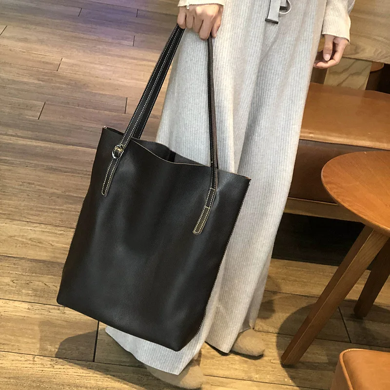 Johnature Korean Casual Tote Women Big Bag Genuine Leather Large Capacity Handbag Simple Solid Color Soft Cowhide Shoulder Bags