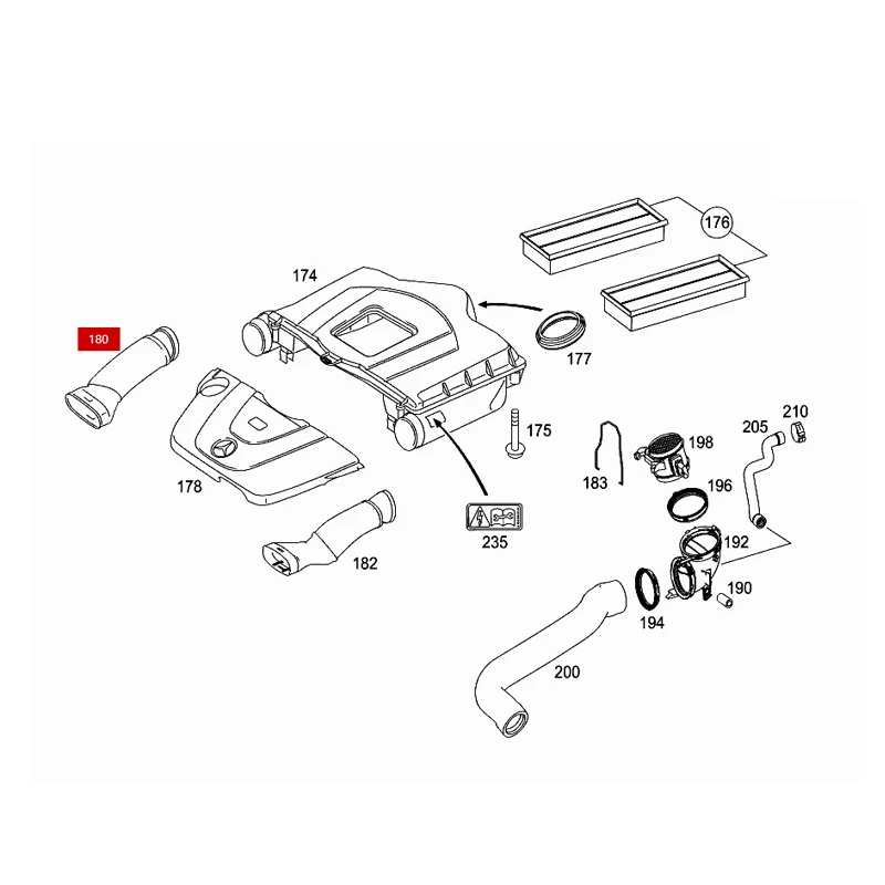 A2720900282 A2720900782 C230 C350 C280 W203  The intake device on the right side of the hose