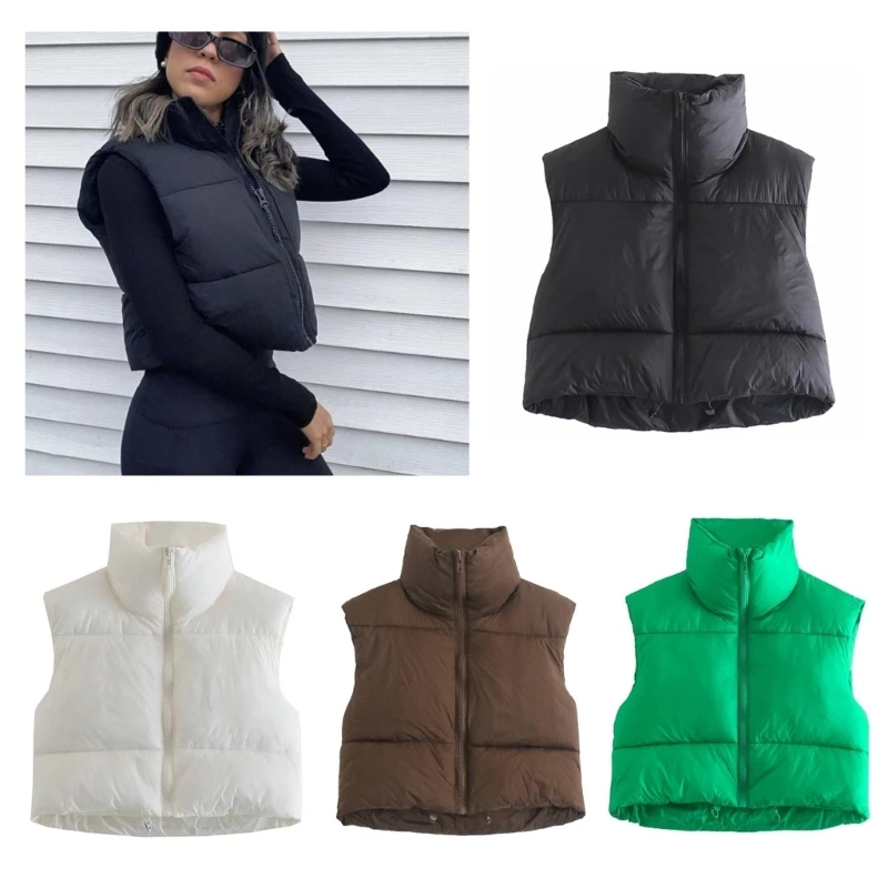 Women Winter Lightweight Crop Puffer Vest Sleeveless Zipper Up Stand Collar Padded Waistcoat Drawstring Hem Outerwear