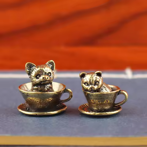 Vintage Brass Teacup Dog Statue, Cute Cat in Cup Figurine, Tea Pet Desk Ornament, Creative Home Office Decor, Unique Gift Idea