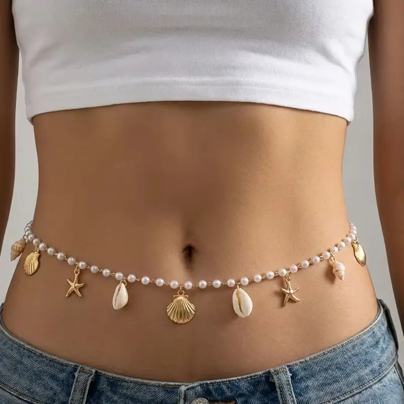 Bohemian Starfish Shell Imitation Pearl Belly Chains for Women Summer Vacation Sand Beach Sexy Bikini Waist Chain Body Jewelry