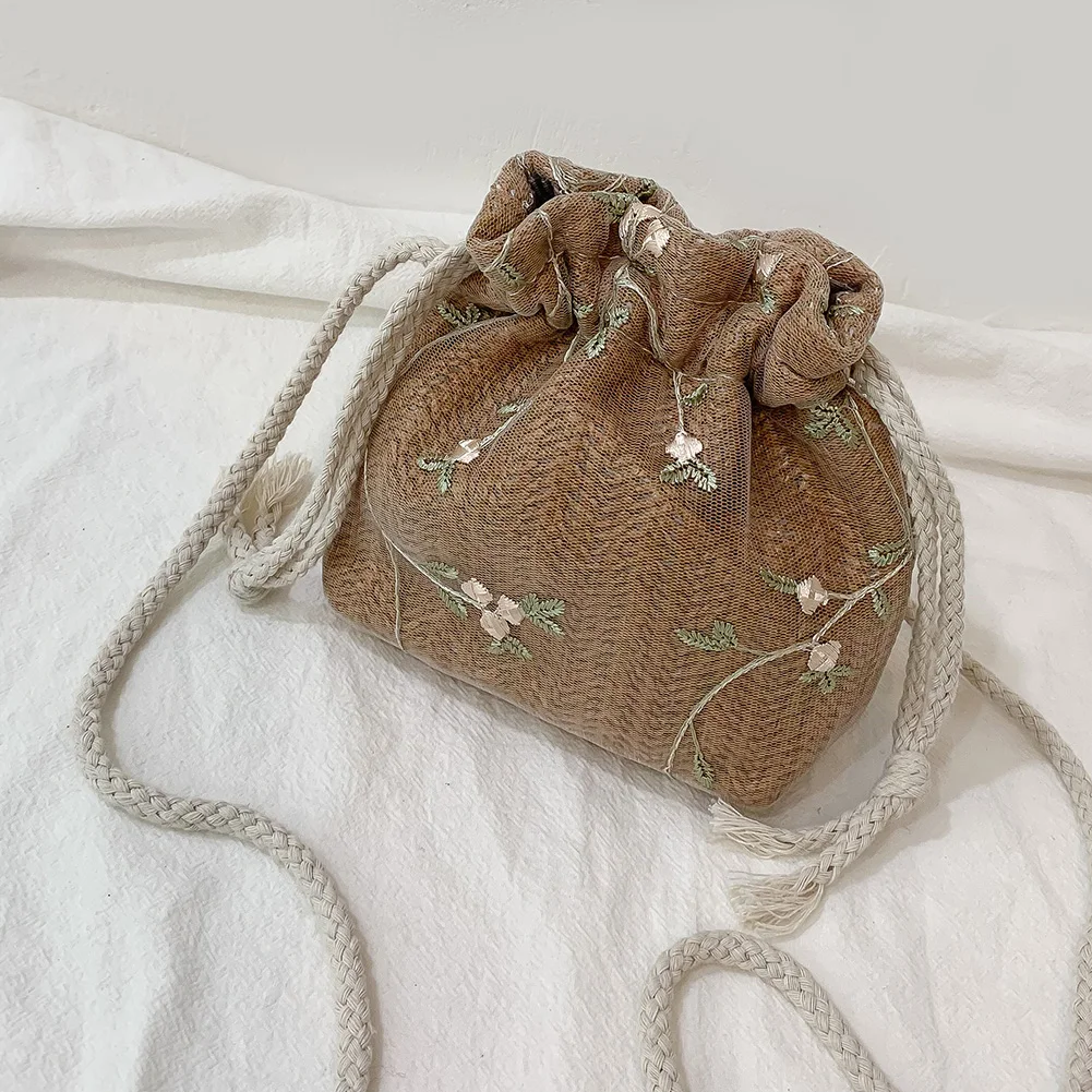 Summer Woven Drawstring Bag 2024 Ladies Straw Weaving Small Crossbody Bag Lace Flower Embroidery Satchel Women Beach Sling Purse