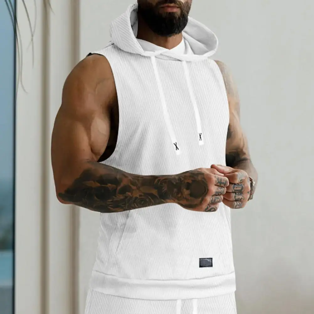 

Jacquard Knit Sleeveless Vest Men's Casual Hooded Knitted Vest with Front Pocket Large Pockets Sports Style for Fitness for Men