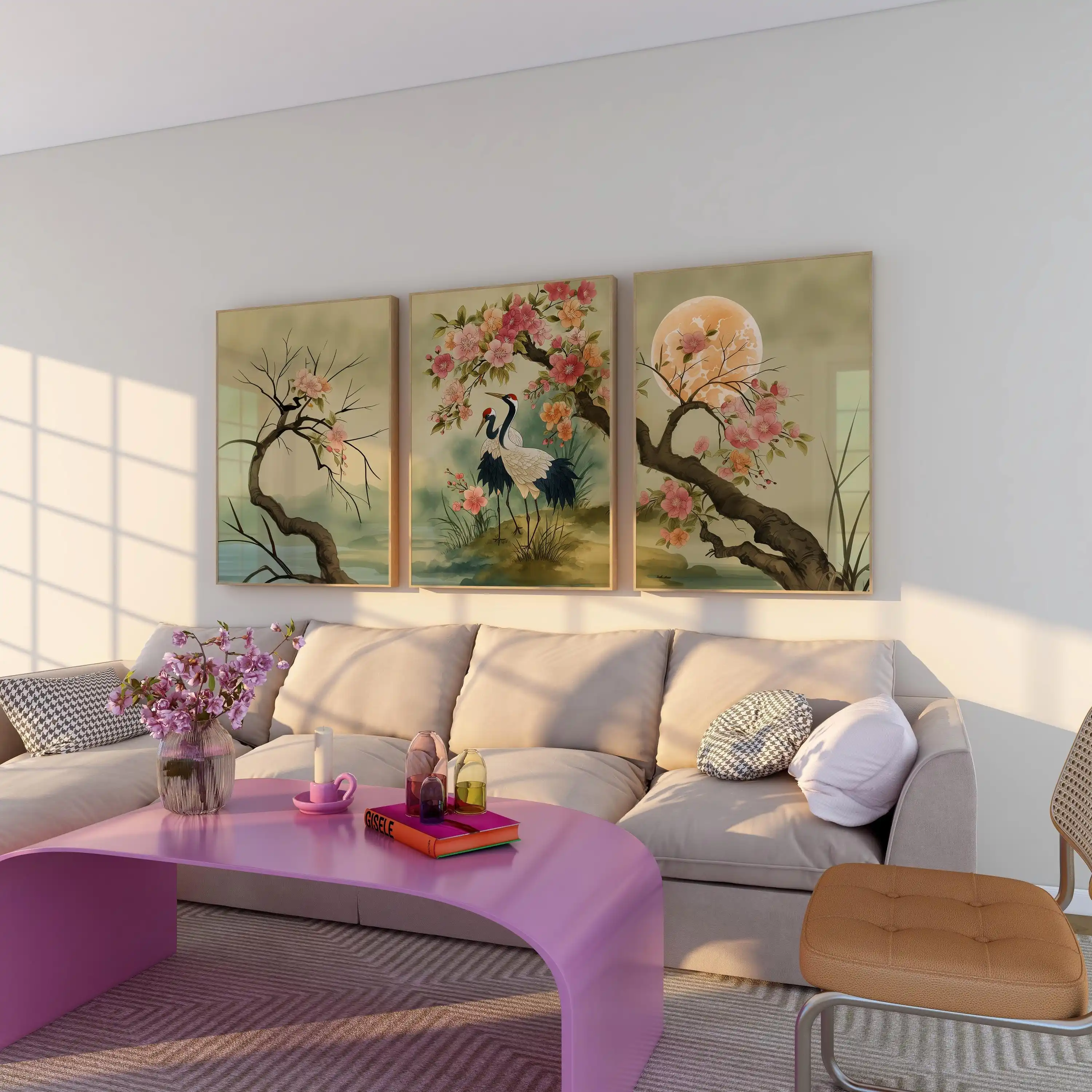 Elegant Japanese Style Crane & Sakura 3-Panel Canvas Wall Art Poster for Modern Home Decoration, Perfect Birthday Holiday Gifts