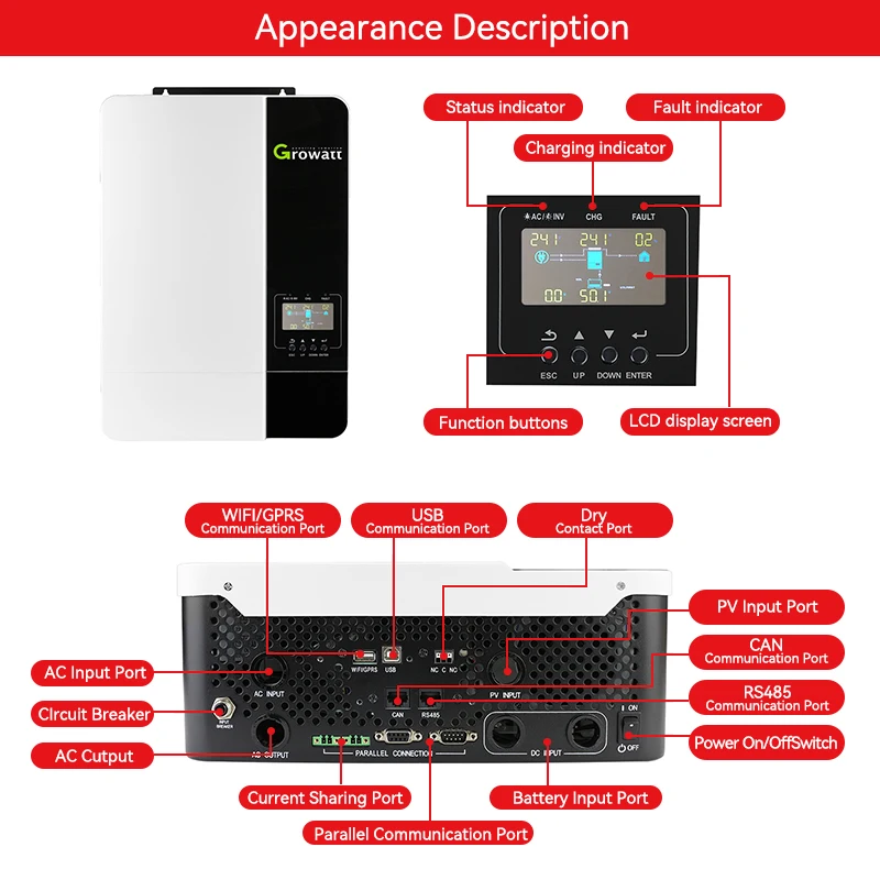 Growatt 3500W MPPT Hybrid Solar Inverter 48V 220VAC Pure Sine Wave Solar Inverter 3KW With MPPT 80A Charge Controller With Wifi