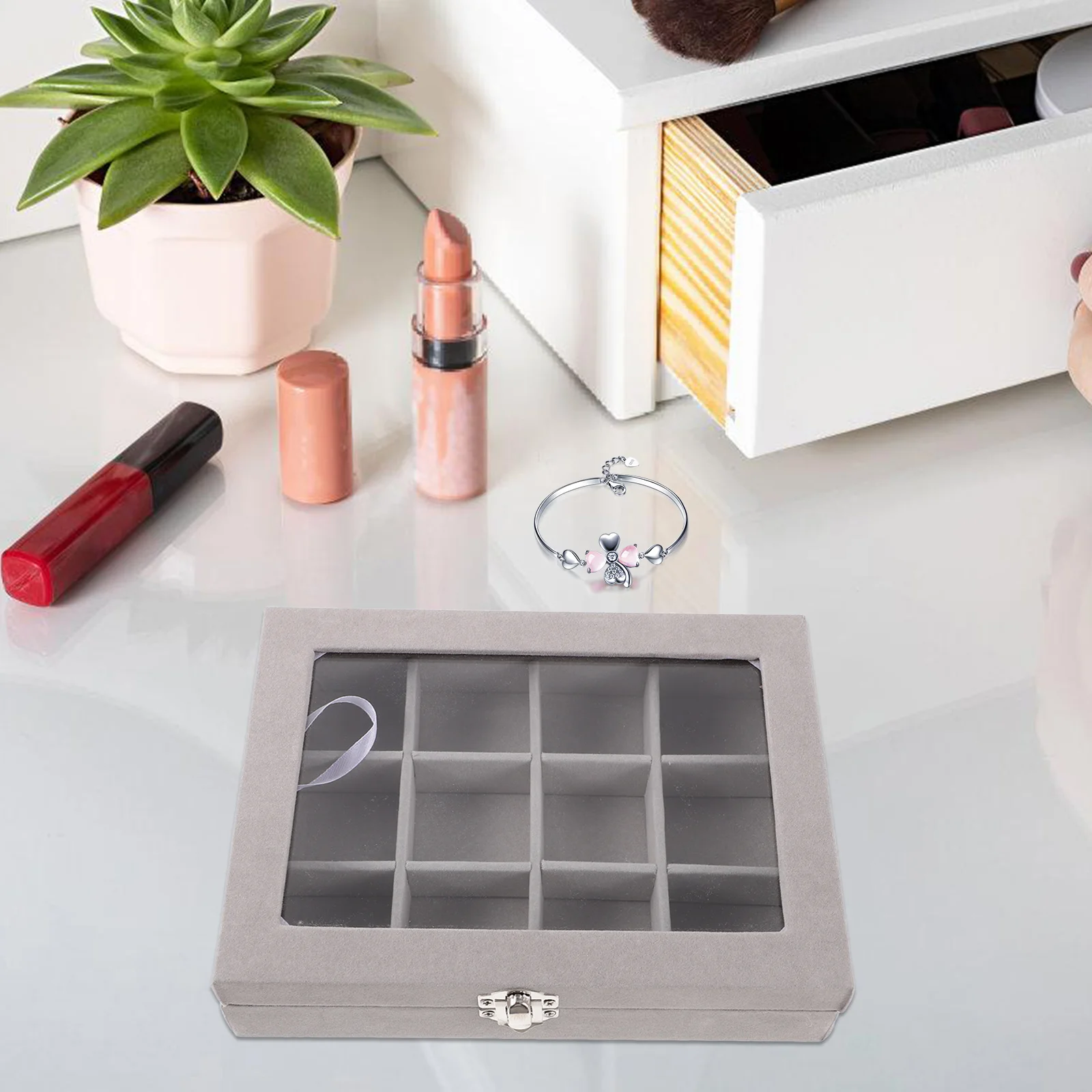 

Jewelry Box Organizer 12-Compartment Earring Necklace Ring Storage Case Clear Lid Scratch Resistant Space Saving for Women