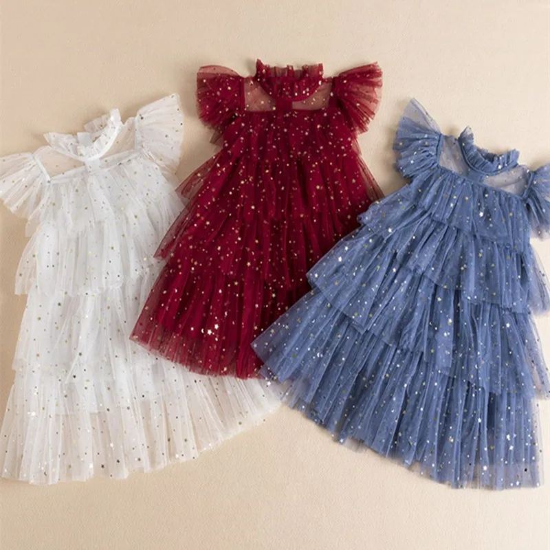 2024 Sequin Party Dress For Girl Shiny Star Pattern Bow Wednesday Carnival Costume For Children Christmas New Year Dress For Kid