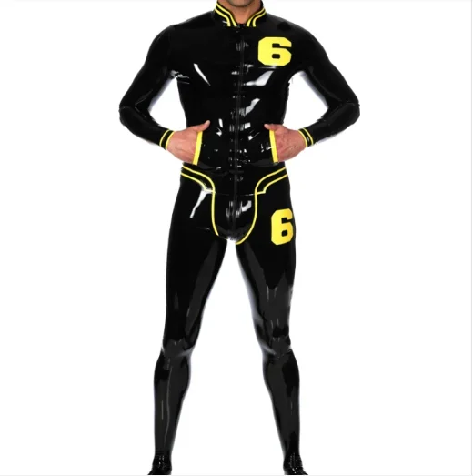 

100%Latex Rubber Gummmi Men's black Jumpsuit yellow decorative role-playing party racing uniform hand customized 0.4mm