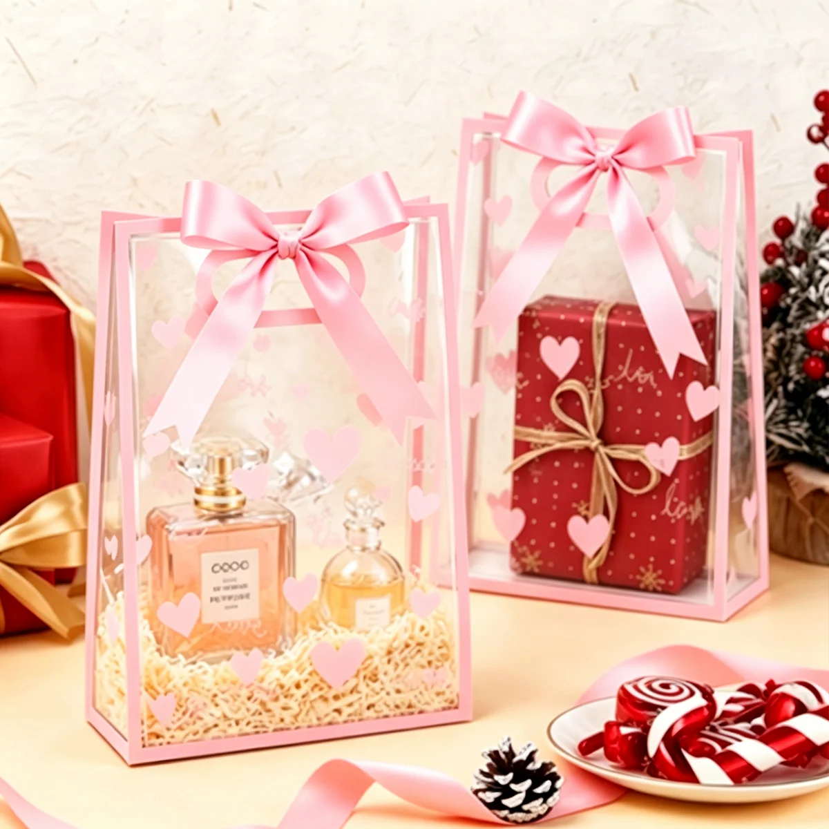 Sacs cadeaux transparents en forme de cœur, 5 pièces, avec 5 rubans roses, sacs à main de luxe pour la saint-valentin, pour anniversaire, petite amie, amis