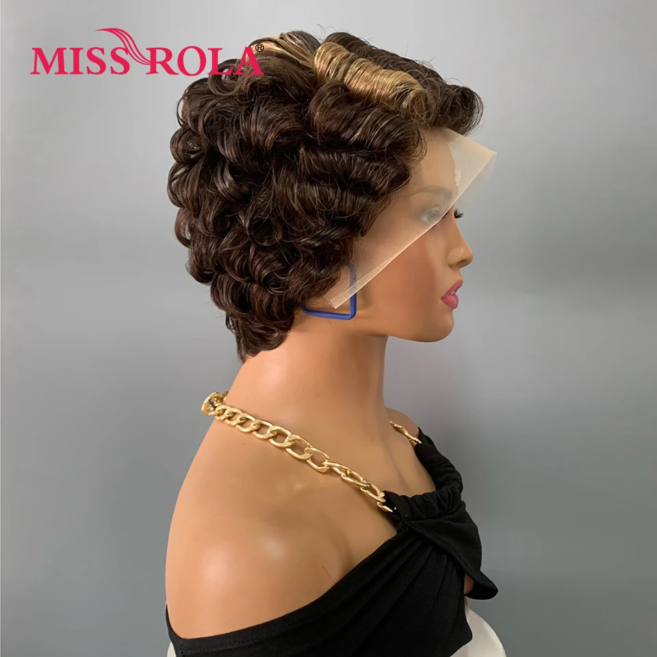 Miss Rola-Bouncy Curly Pixie Cut Lace Front Perucas de Cabelo Humano, Peruca de Cabelo Remy com Renda HD, Destaque Brasileiro, 12A Grade13x4, 99J