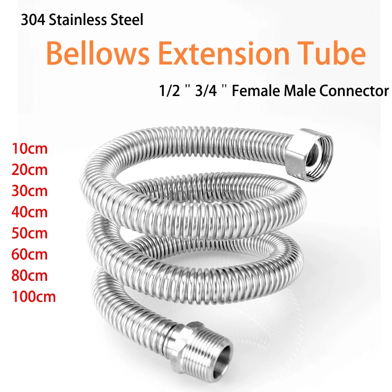 

304 Stainless Steel Shower Hose Bellows Extension Tube 1/2" 3/4"Male Female Connector Water Heater 10/20/30/40/50/60/80/100cm