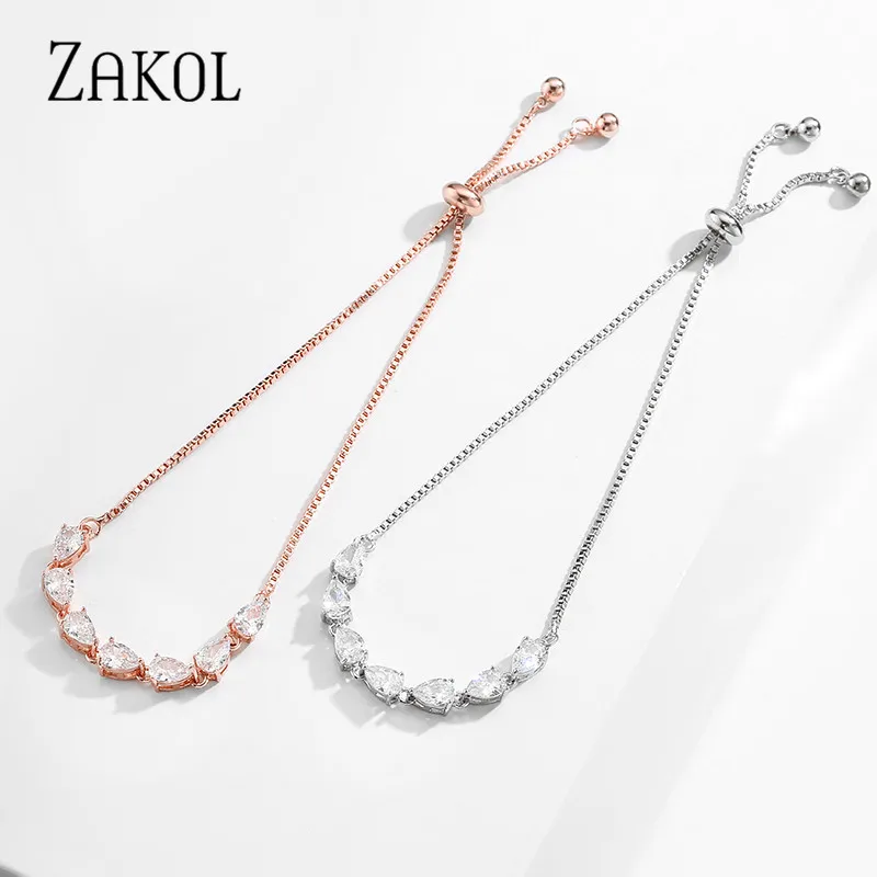 ZAKOL Brand Waterdrop Shape Cubic Zirconia Crystal Adjustable Bracelets for Women Wedding Party Jewelry Gift FSBP2227