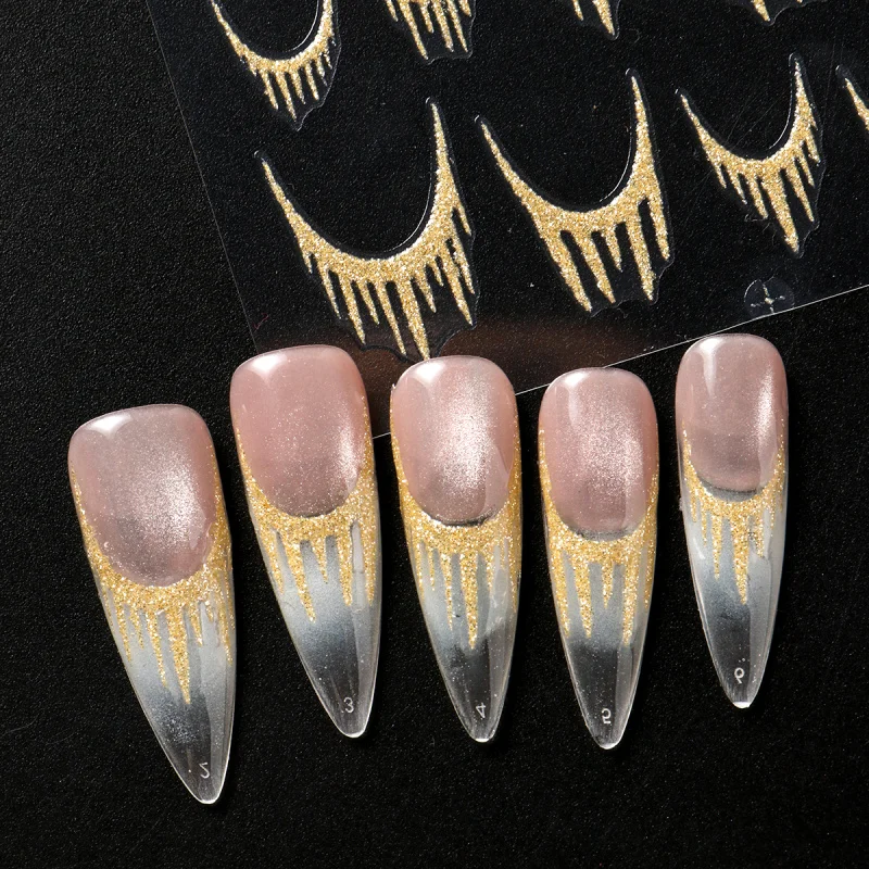 Reflektierende glitzernde französische Nagelkunst-Aufkleber, glitzernde Gold-Silber-Quastenlinie, geometrische Gitter, selbstklebende Schieber, Abziehbilder, DIY-Maniküre – Detail 7