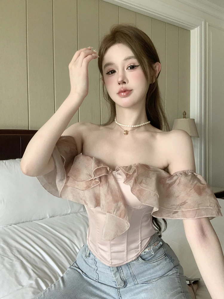 Sexy Elegant Shirts Women Ruffles Patchwork Slash Neck Off Shoulder Slim Spring Summer Fashion Blouse Casual Crop Tops