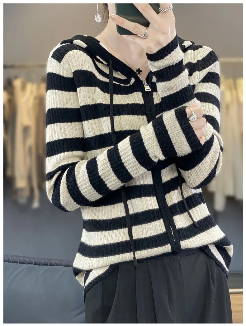 Stripe Color Matching Hooded Knitted Cardigan For Women\'s 2023 New Slimming Paper Sheet Thin Zippered Sweater Outerwear Hoodie