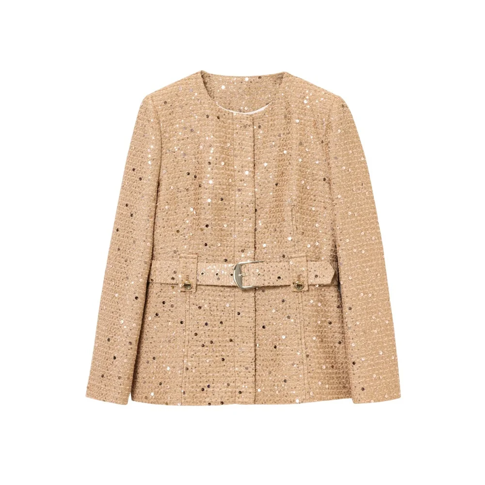 

PB&ZA 2025 Women's Long - Sleeve Sparkling Tweed Jacket with Belt for a Chic and Elegant Stylish Look