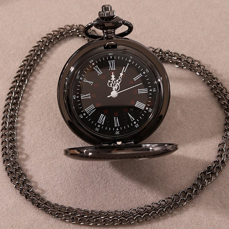 นาฬิกาพกสีดำสุดหรูสำหรับเพื่อนเจ้าบ่าวสามีของฉันนาฬิกาควอตซ์ย้อนยุคแกะสลักจี้นาฬิกาพกแบบย้อนยุค
