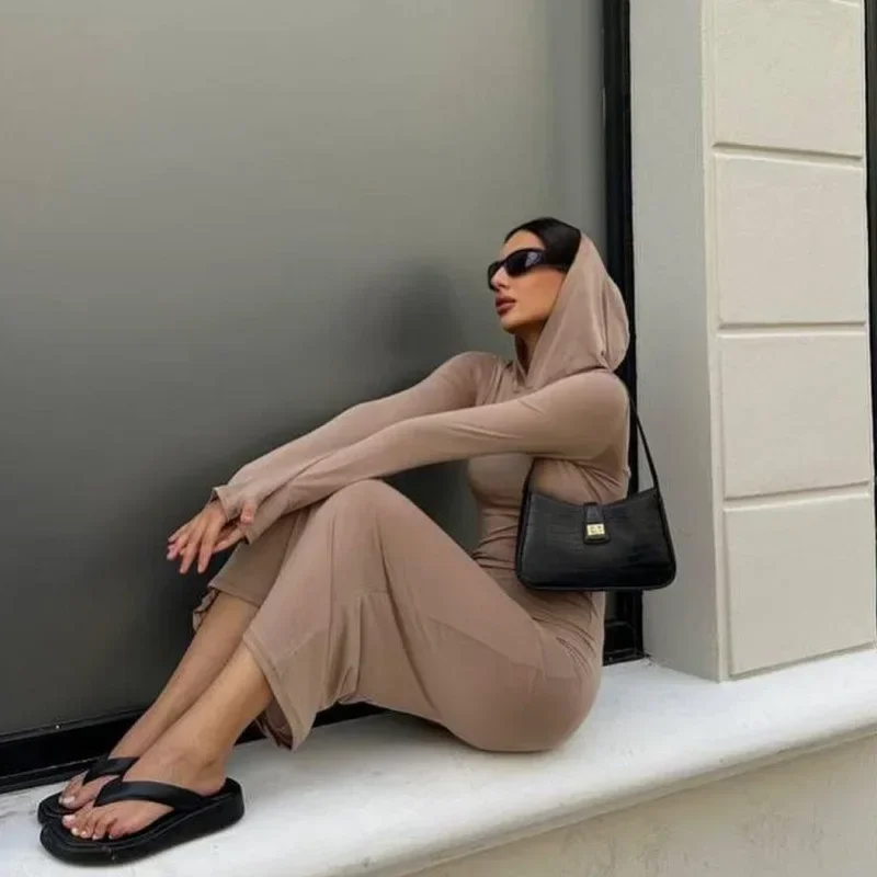 Women Spring and Summer Solid Slim-fit Base Dress Bodycon Dress Individuality Casual Hoodie Long Dress Long Sleeve Chic Clothing