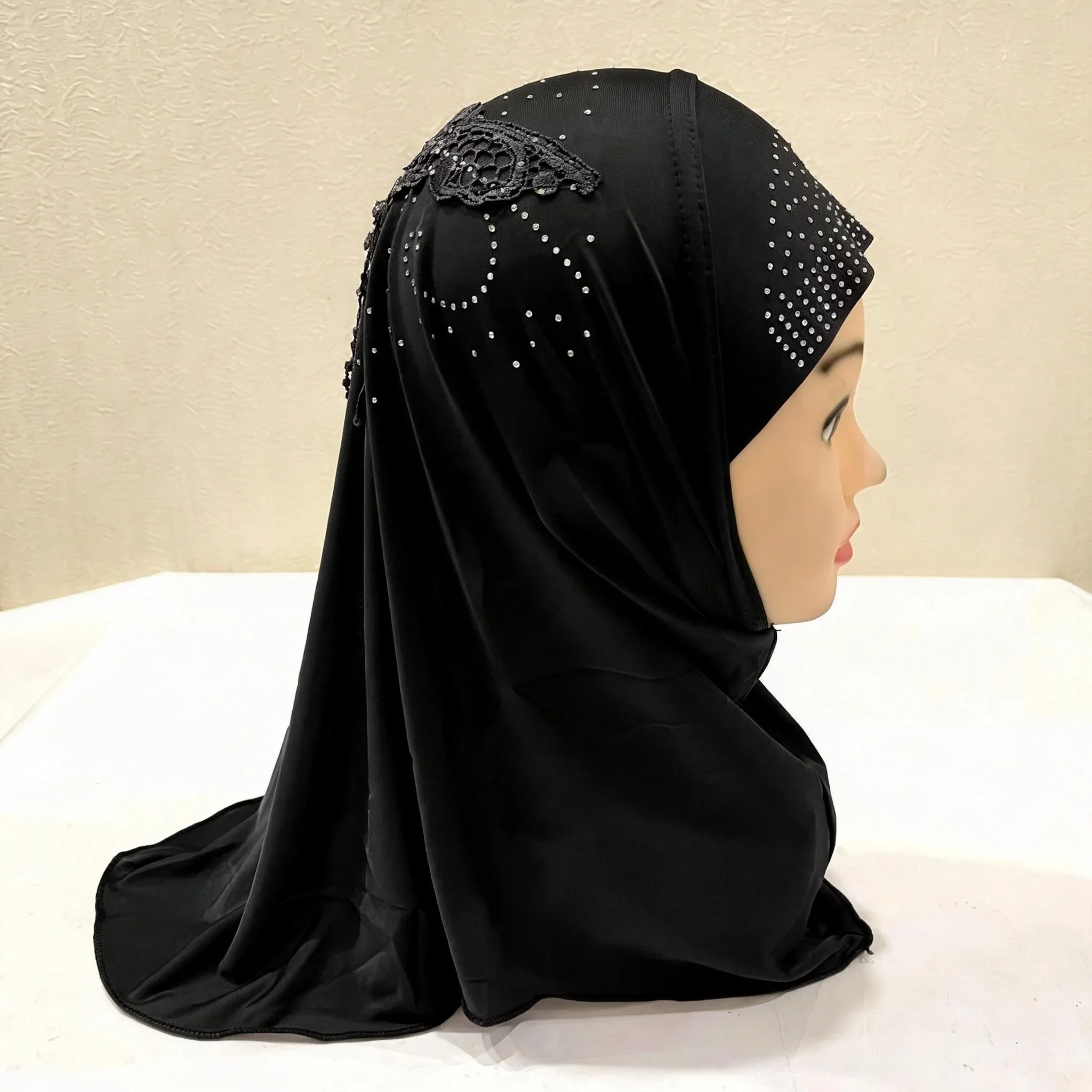 

Роскошный мгновенный хиджаб-шарф для девочек 2-6 лет, мусульманский хиджаб-шапка, исламский платок, вышивка, стразы, полностью закрывающий тюрбан