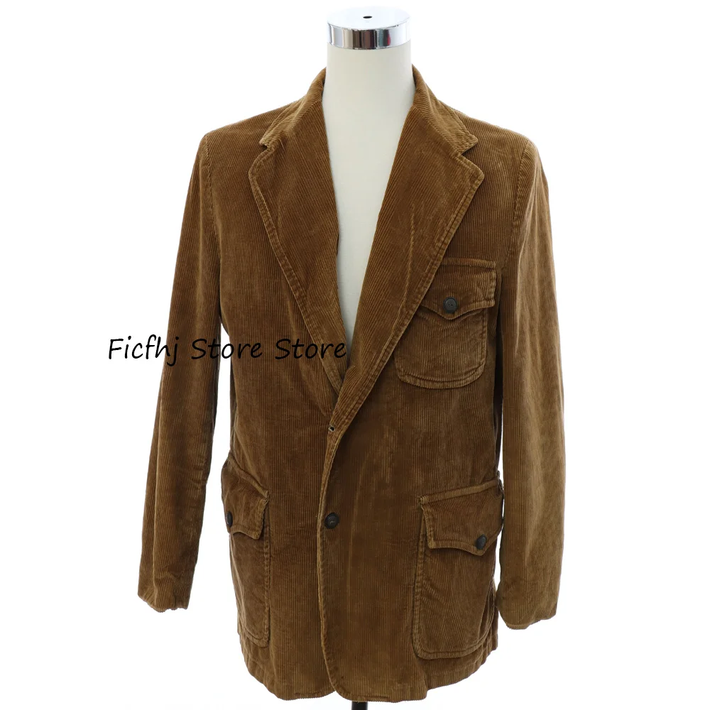 

Мужское социальное пальто из вельветовой ткани, повседневный пиджак, куртки с двумя пуговицами и лацканами с тремя карманами на пуговицах, городской пиджак, мужской костюм