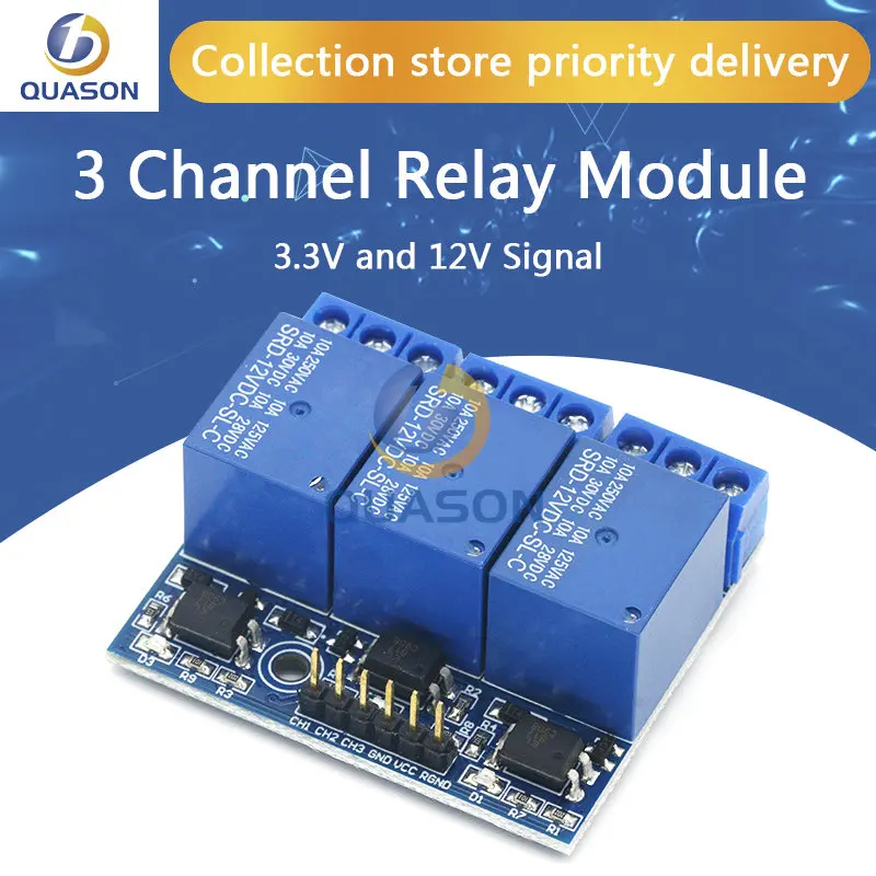 three 3 channel high-voltage relay module with opto-isolated, fully compatible with 3.3V and 12v signal