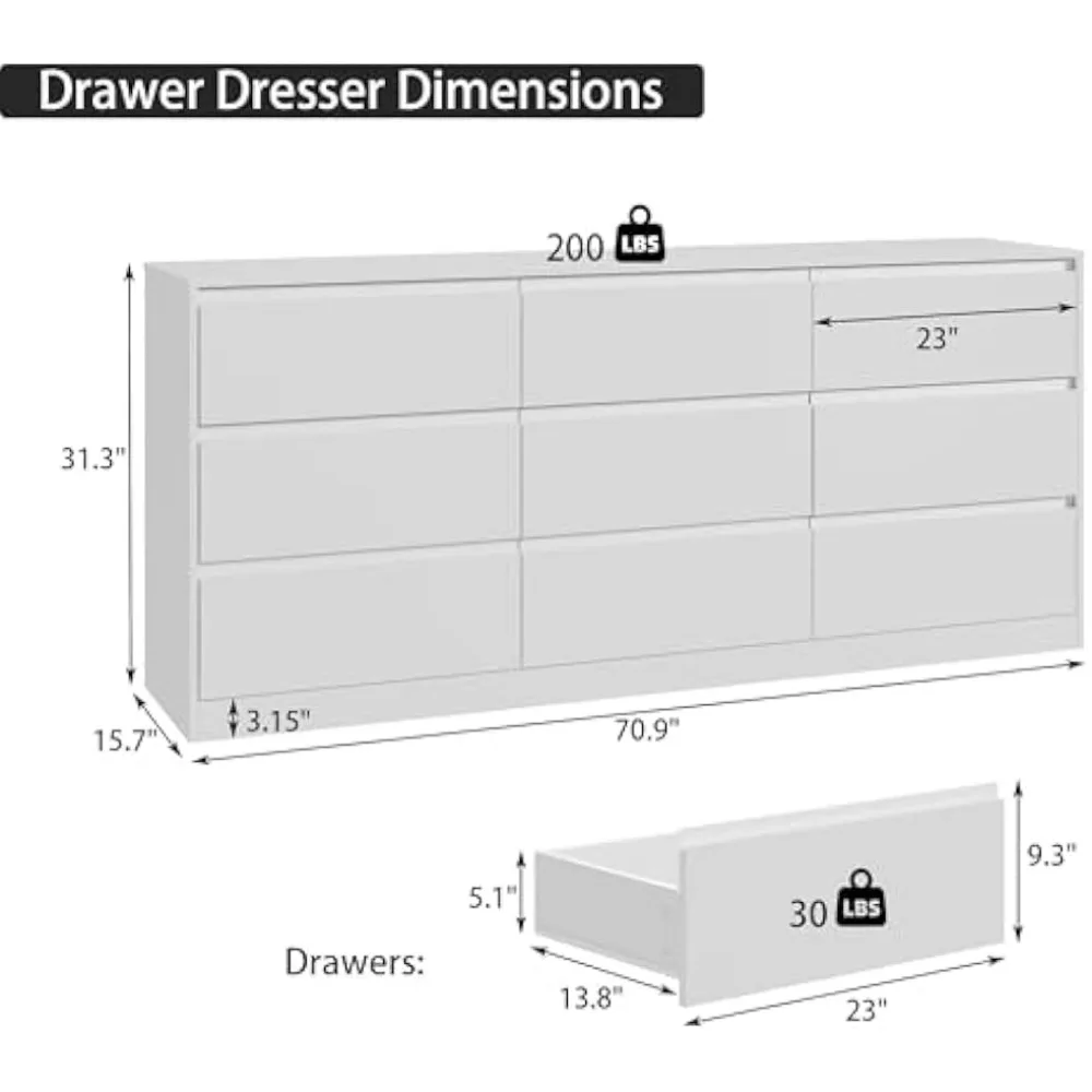 Long Bedroom Dresser with 9 Drawers, with Large Capacity Storage, Bedroom Furniture Modern Handle Free 9 White Drawer Dressers