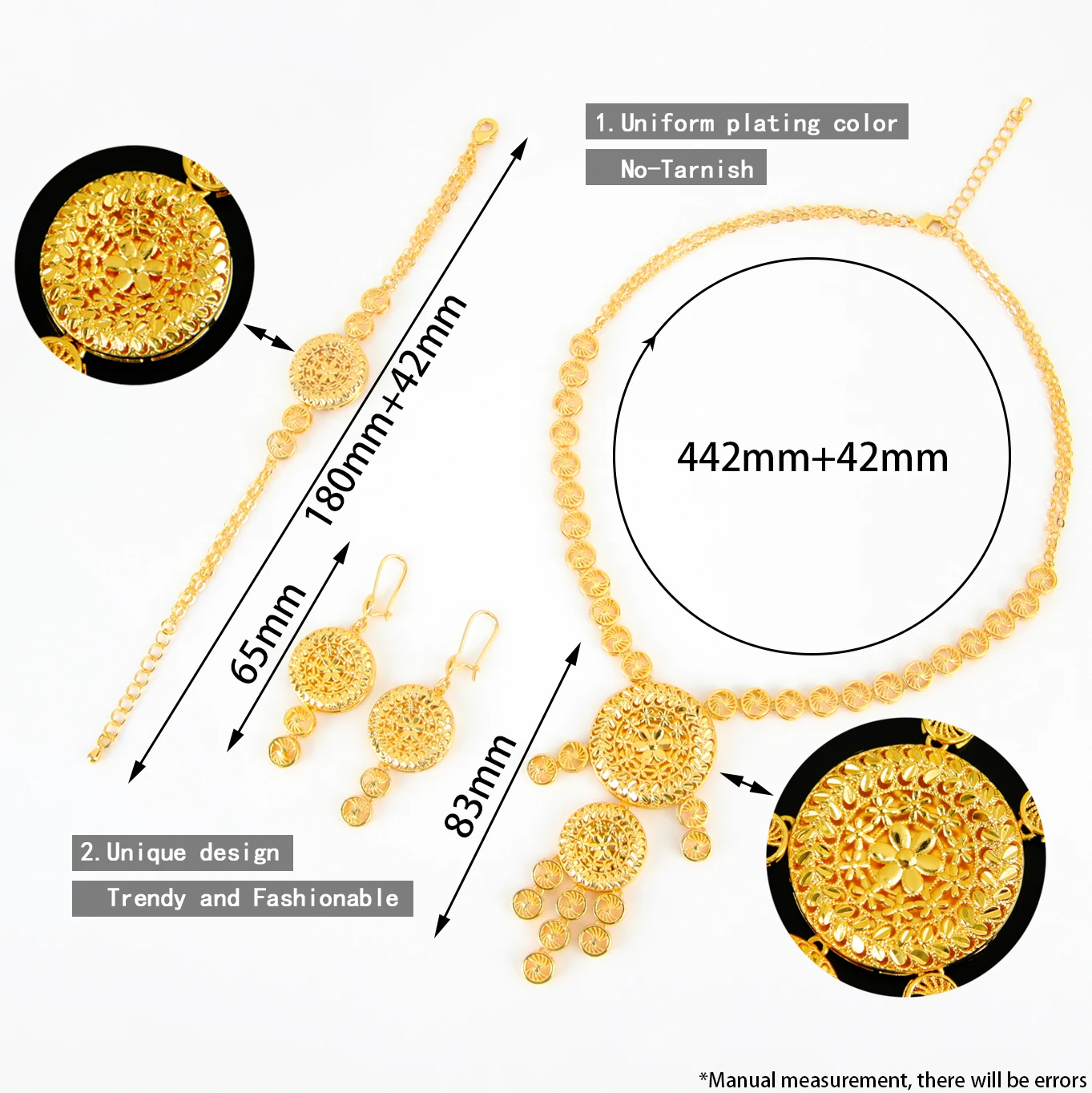 Äthiopisches Brautschmuck-Set 24k Vergoldet Dubai Elegante Halskette Armband Ohrringe Habesha Damen Vintage Schmuck – Detail 2