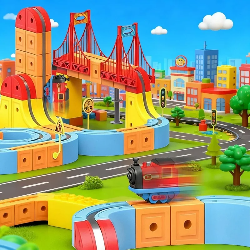 ของเล่นรางรถไฟแม่เหล็กประกอบเองสำหรับเด็ก รถไฟความเร็วสูงแบบแม่เหล็กไฟฟ้า ตัวต่อแบบลูกบาศก์ ของเล่นคริสต์มาสสำหรับเด็กผู้ชาย