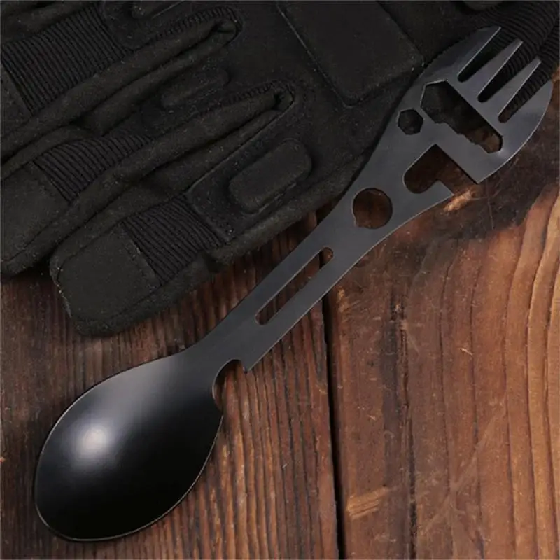 Outdoor Camping Stainless Steel MultiFunction 9 In 1 Integrated Spoon Fork Tableware Dishware Picnic Cutting Knife Bottle Opener