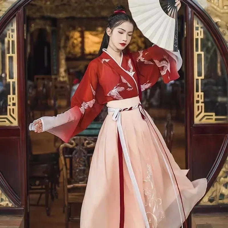 

Modern Chinese Style Hanfu Ming Dynasty Improvement Traditional Dress Red Costume Woman Girl Gules Coat Skirt Set Dance Wear