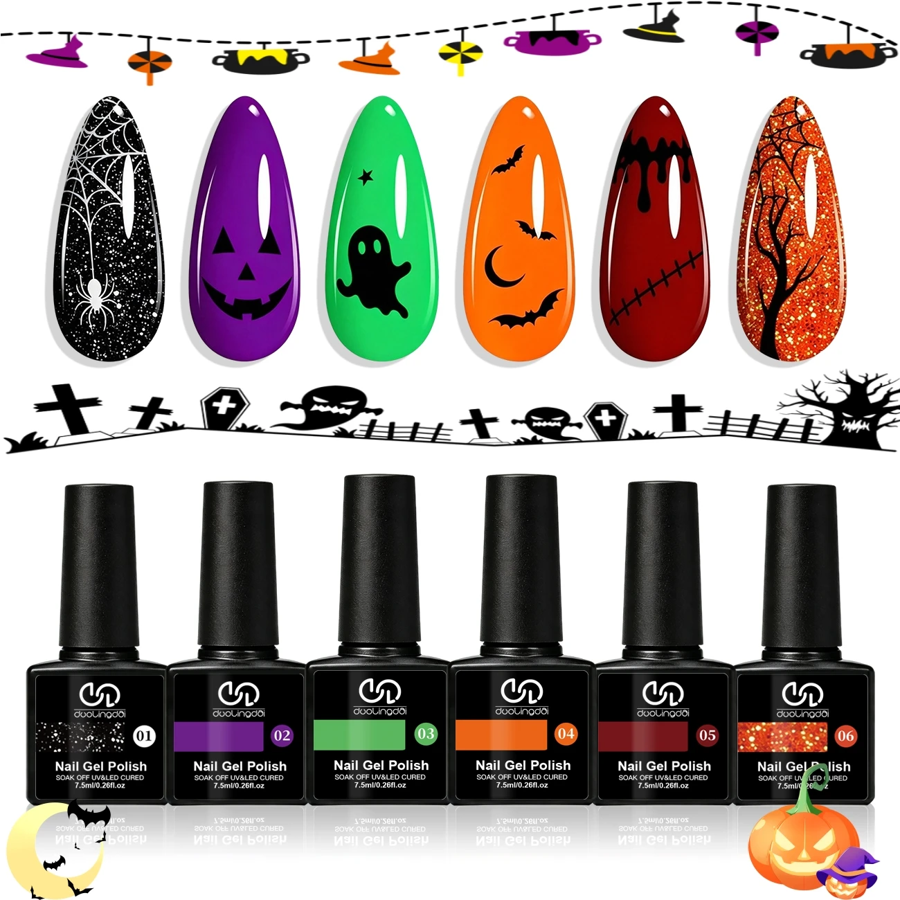 Nail Art Orange - 6-teiliges Halloween Gel-Nagellack-Set, Schwarz Glitzernd, Lila,